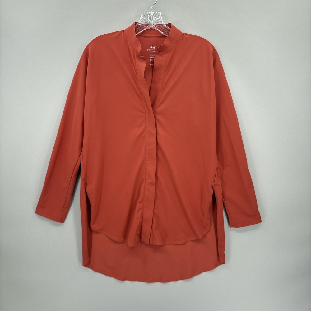Aday Tunic Shirt Womens Small Orange Snap Front Collared Long Sleeve Stretch Top